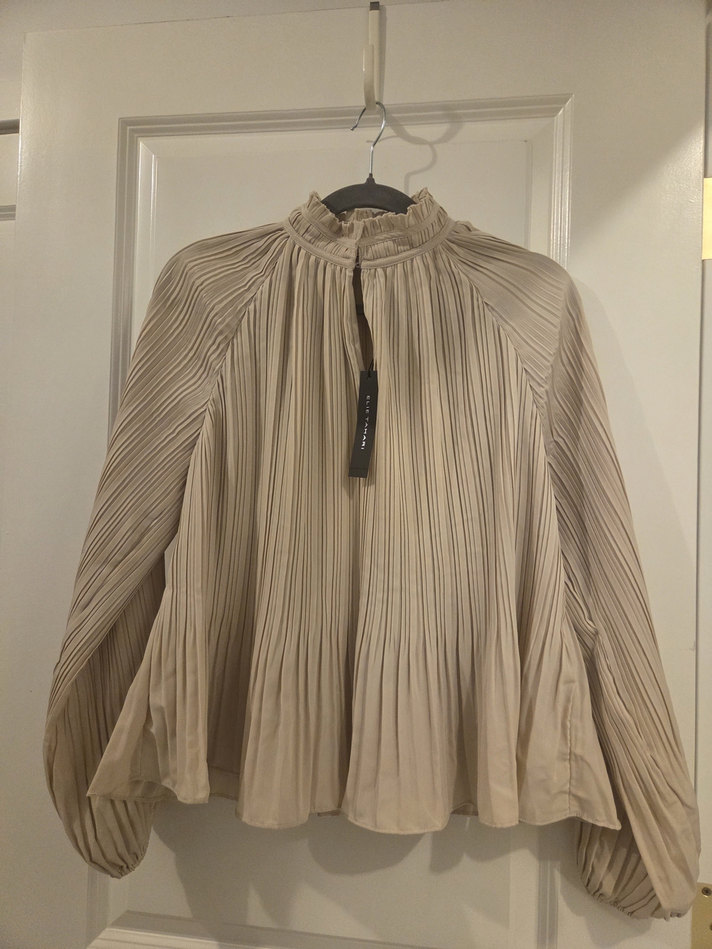 Elie Tahari Beige Pleated Ruffled-Neck Blouse